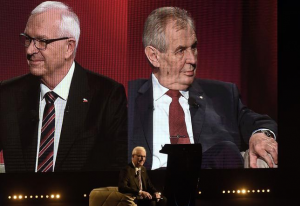 Candidates Jiri Drahos and Milos Zeman during a TV debate in January