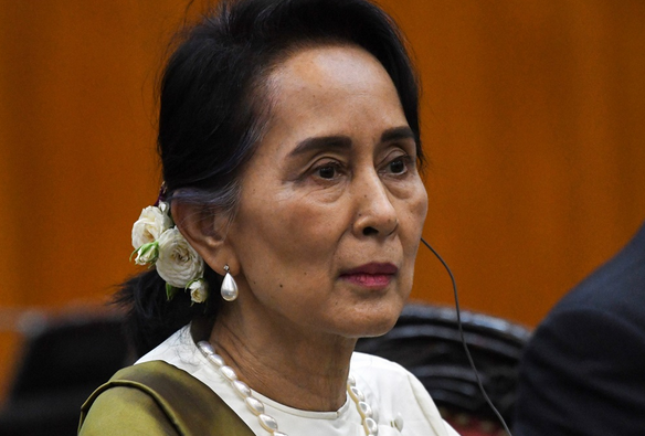 File: Myanmar state counsellor Aung San Suu Kyi attends a meeting with her Vietnamese counterpart at the prime minister office in Hanoi on April 19, 2018. CREDIT: ROSLAN RAHMAN/AFP 
